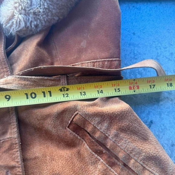 Vintage 70s Brown Suede Leather Shearling Fur Collar Coat Boho Grunge - Picture 6 of 7